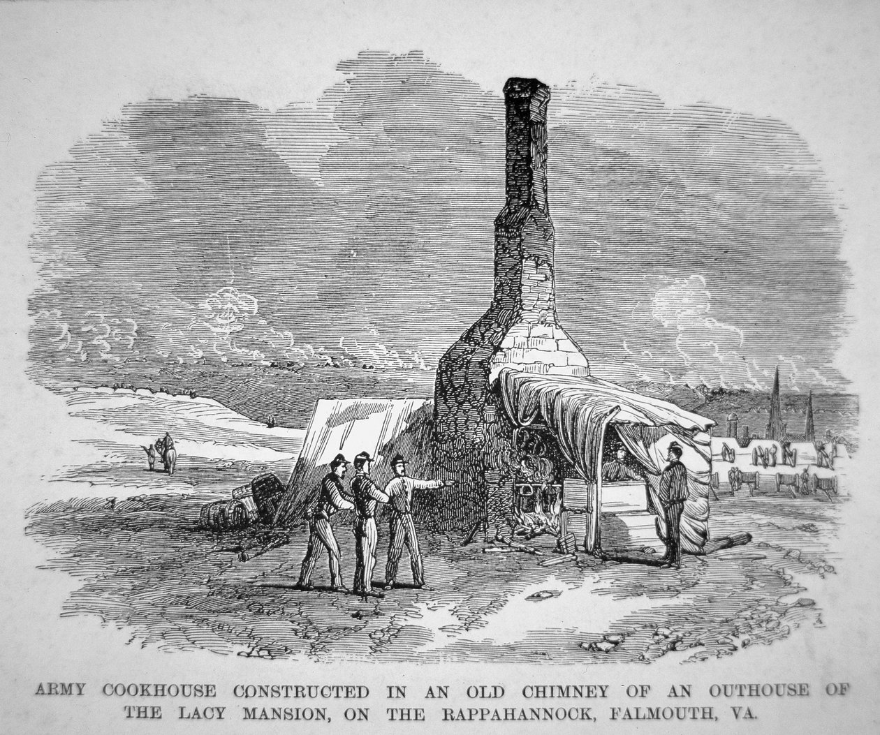 Army cookhouse constructed in an old chimney of an outhouse of the Lacy mansion, on the Rappahannock, Falmouth, Virginia by American School