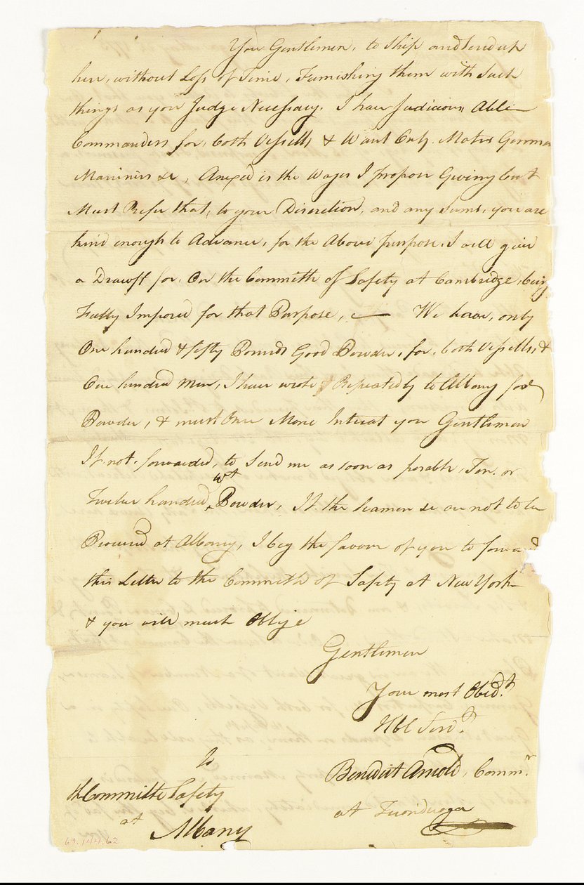 Arnold Benedict (1741-1801) General, Continental Army, Traitor. Autograph Letter Signed to the Committee of Safety at Albany, Ticonderoga, 22 May 1775 by American School