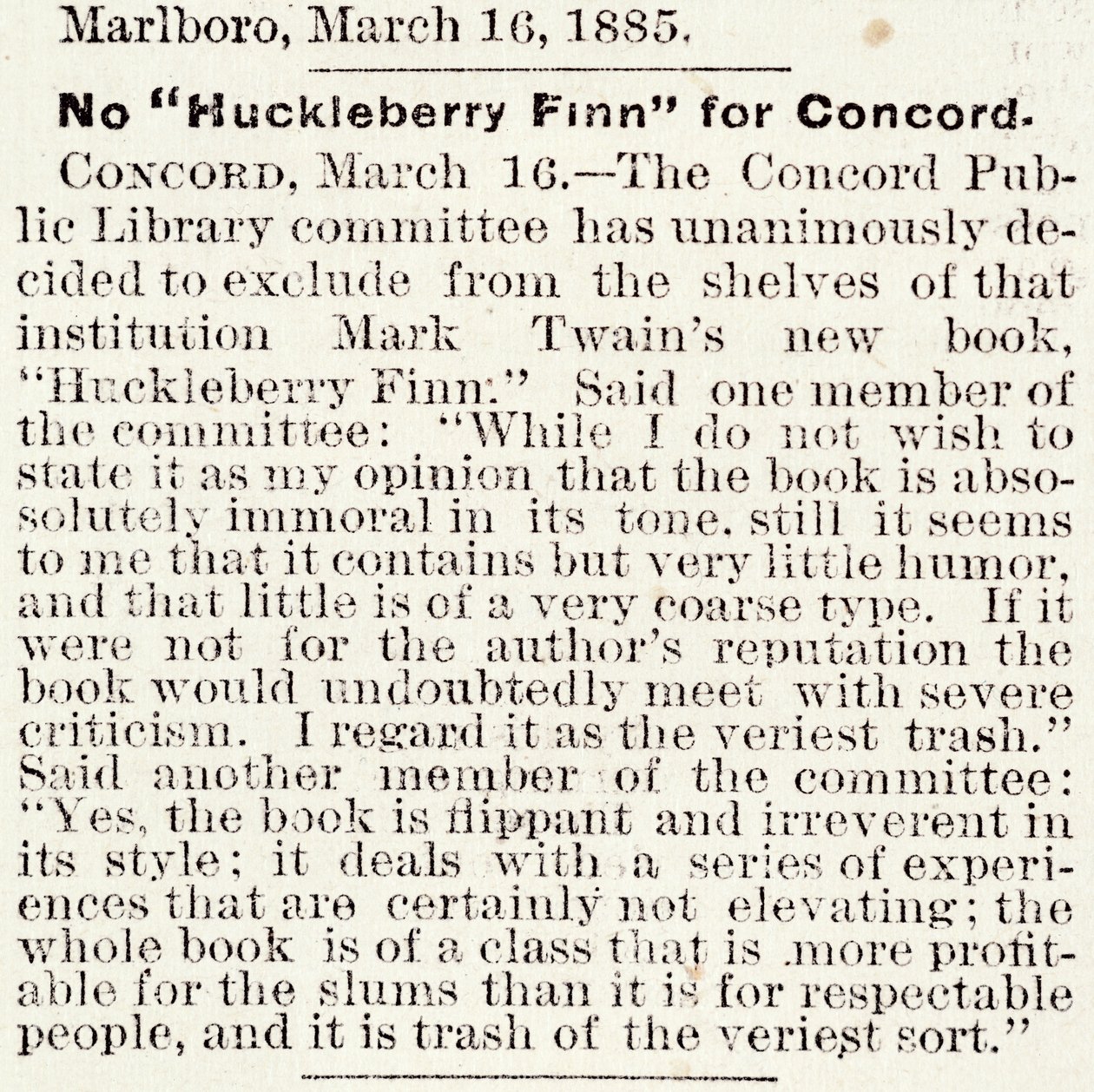 Article in the Boston Daily Globe regarding the banning of Huckleberry Finn in Concord, Massachusetts, 16th March, 1885 by American School