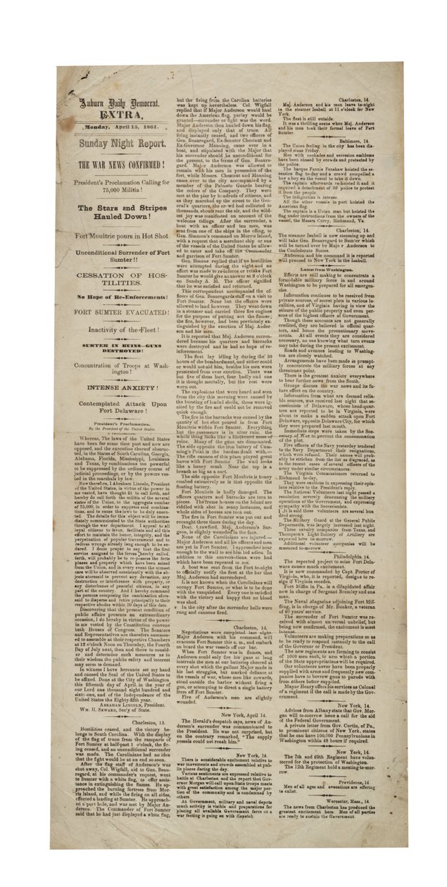 Auburn Daily Democrat Extra re: Fort Sumter, 15th April 1861 by American School