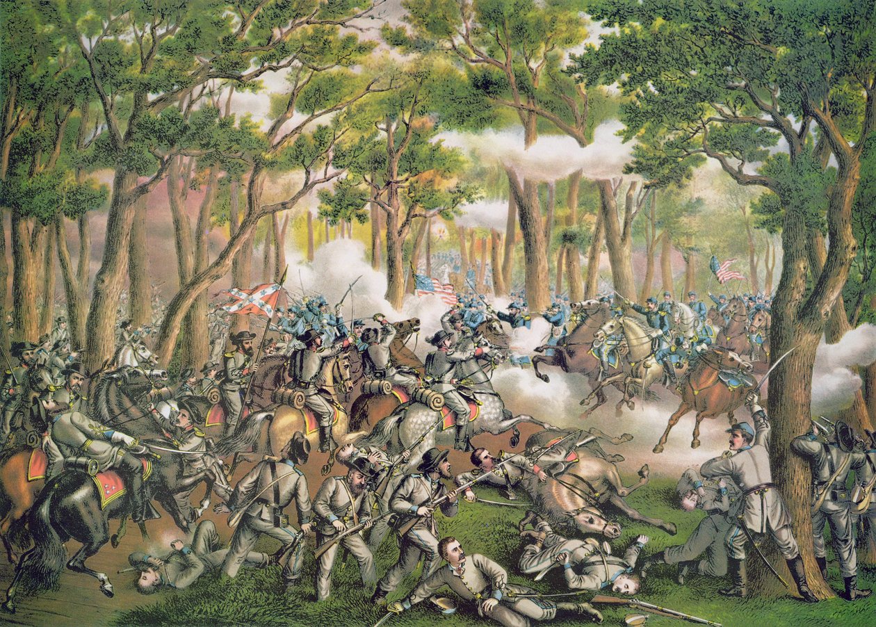 Battle of the Wilderness, May 1864, engraved by Kurz & Allison by American School
