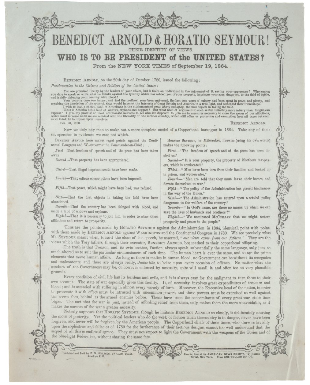 Benedict Arnold & Horatio Seymour! Who is to Be President?, c.19th September 1864 by American School