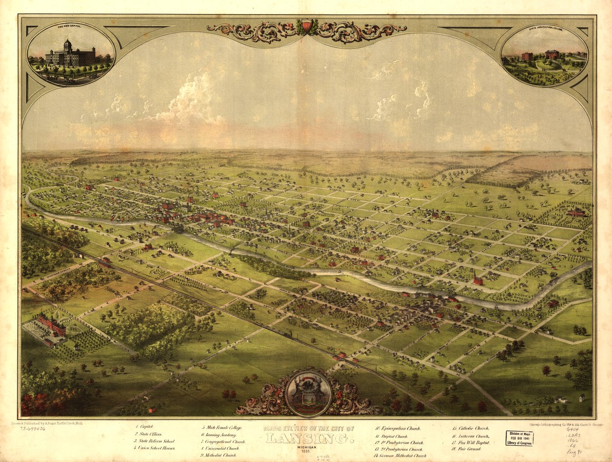 Birds eye view of the city of Lansing, Michigan 1866 by American School