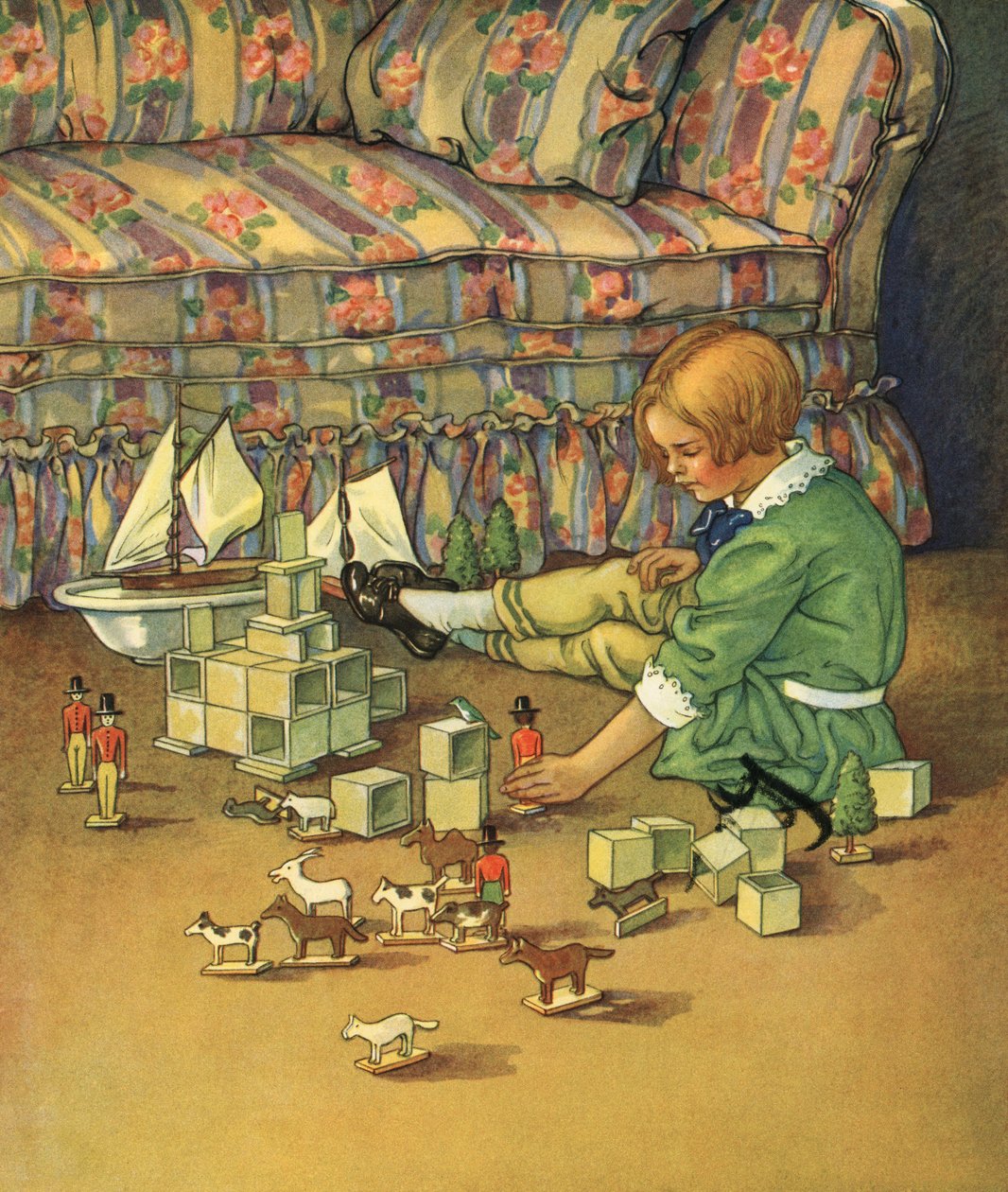 Boy Playing with Toy Soldiers and Blocks by American School