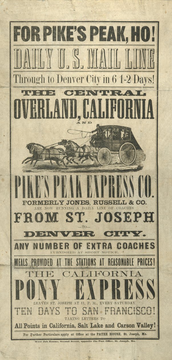 Broadside advertising Trans-American journeys and travel routes by American School