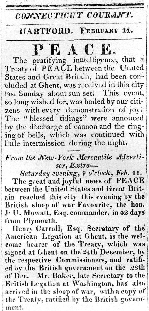 Broadside announcing peace between the US and Great Britain after the War of 1812, printed in the Connecticut Courant, 1815 by American School