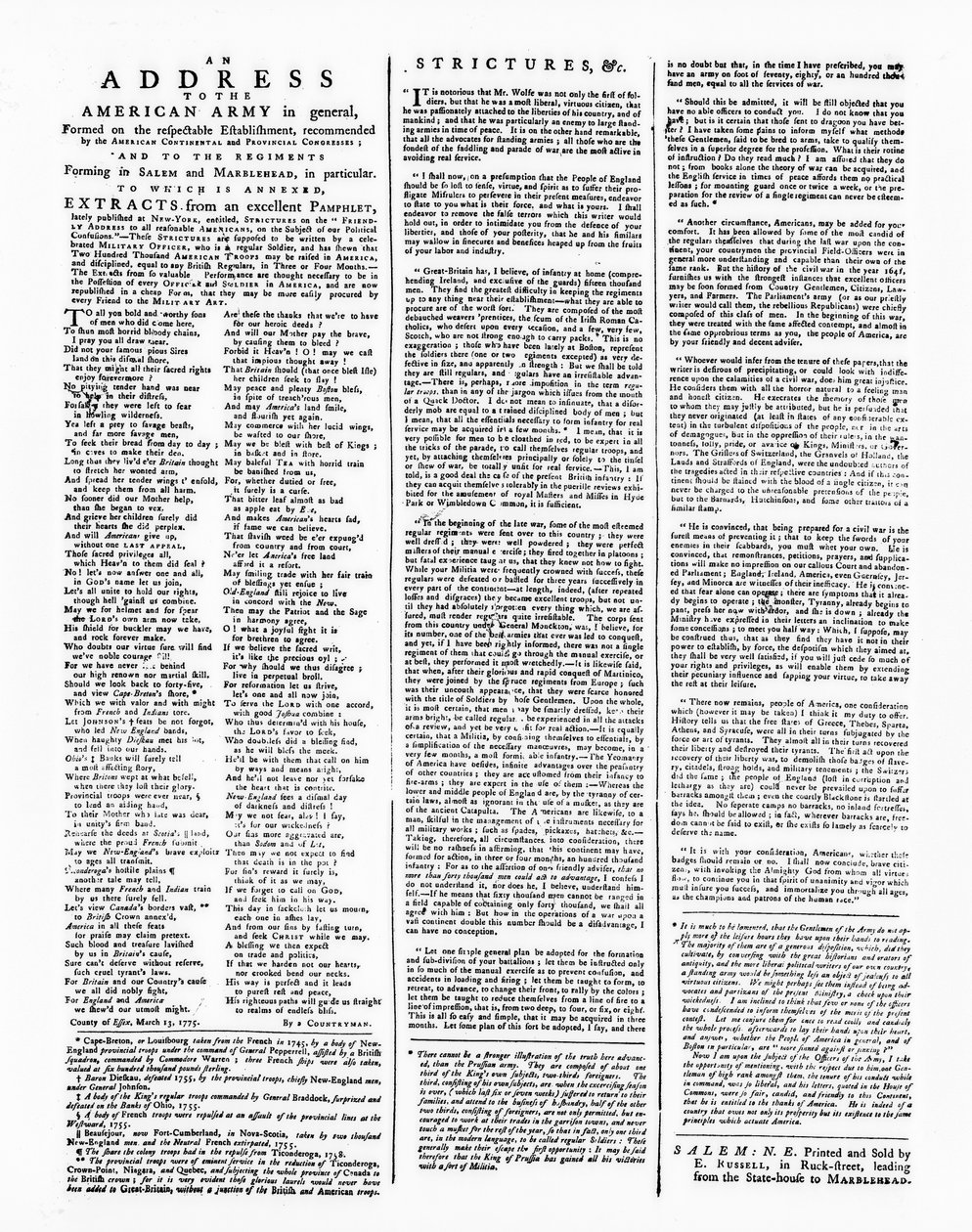 Broadside with an Address to the American Army, Salem, 1775 by American School