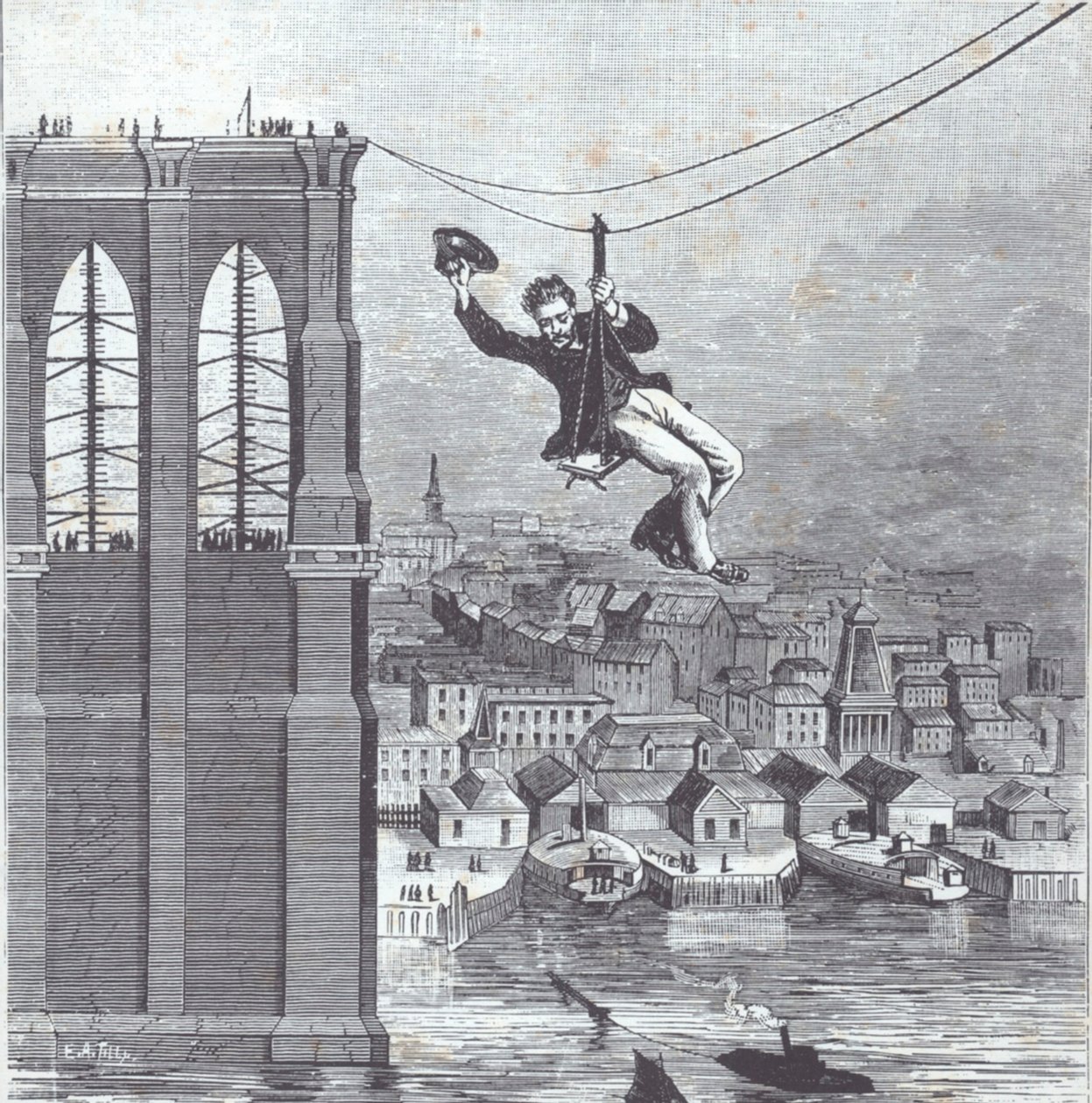 Brooklyn Bridge Under Construction; Mr. Farrington, Chief Construction Supervisor, is First to Cross the Span Between the Two Pylons on 25 August 1876 by American School