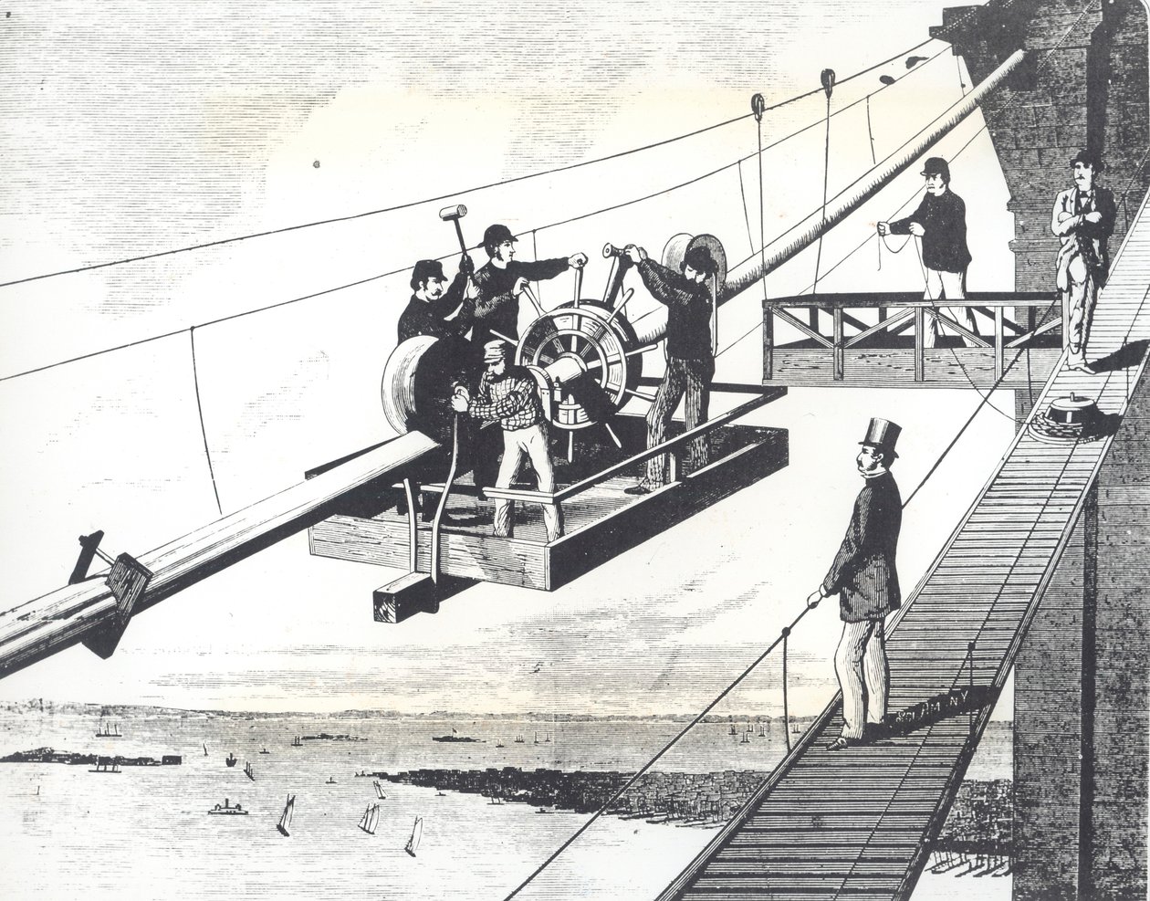 Brooklyn Bridge Under Construction in 1876, Braiding the Suspension Cables by American School