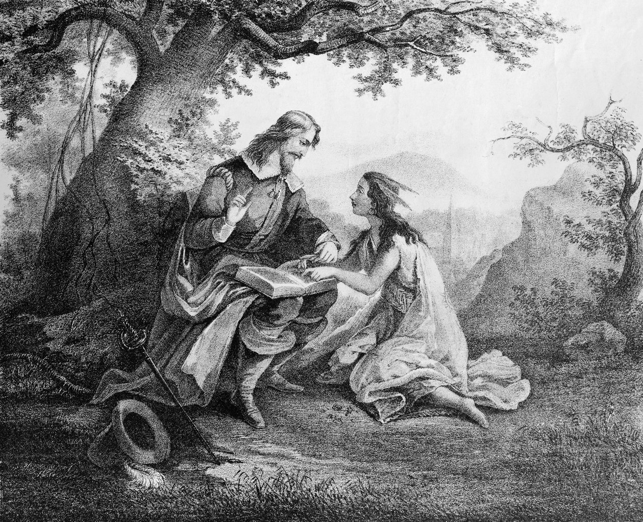 Captain John Smith Teaching Pocahontas to Read by American School