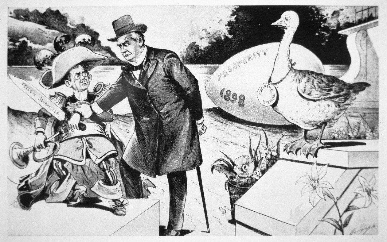 Cartoon depicting President Mckinley trying to hush the 