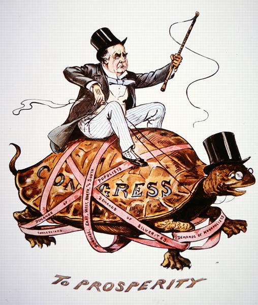 Cartoon depicting President William McKinley (1843-1901) trying to drive his policies through congress by American School