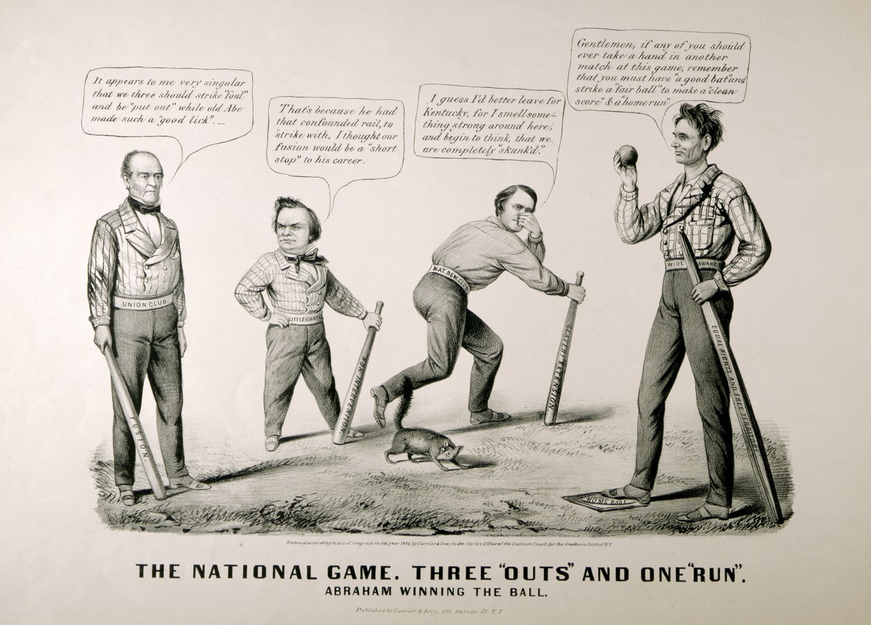 Cartoon showing Abraham Lincoln Winning the Ball against his opponents Douglas, Bell, and Breckenridge in the Presidential Election of 1860 by American School