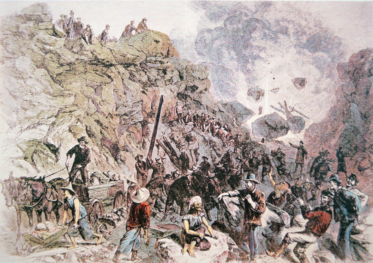 Chinese Workers Helping Construct the Central Pacific Railroad, Completed 1869 by American School
