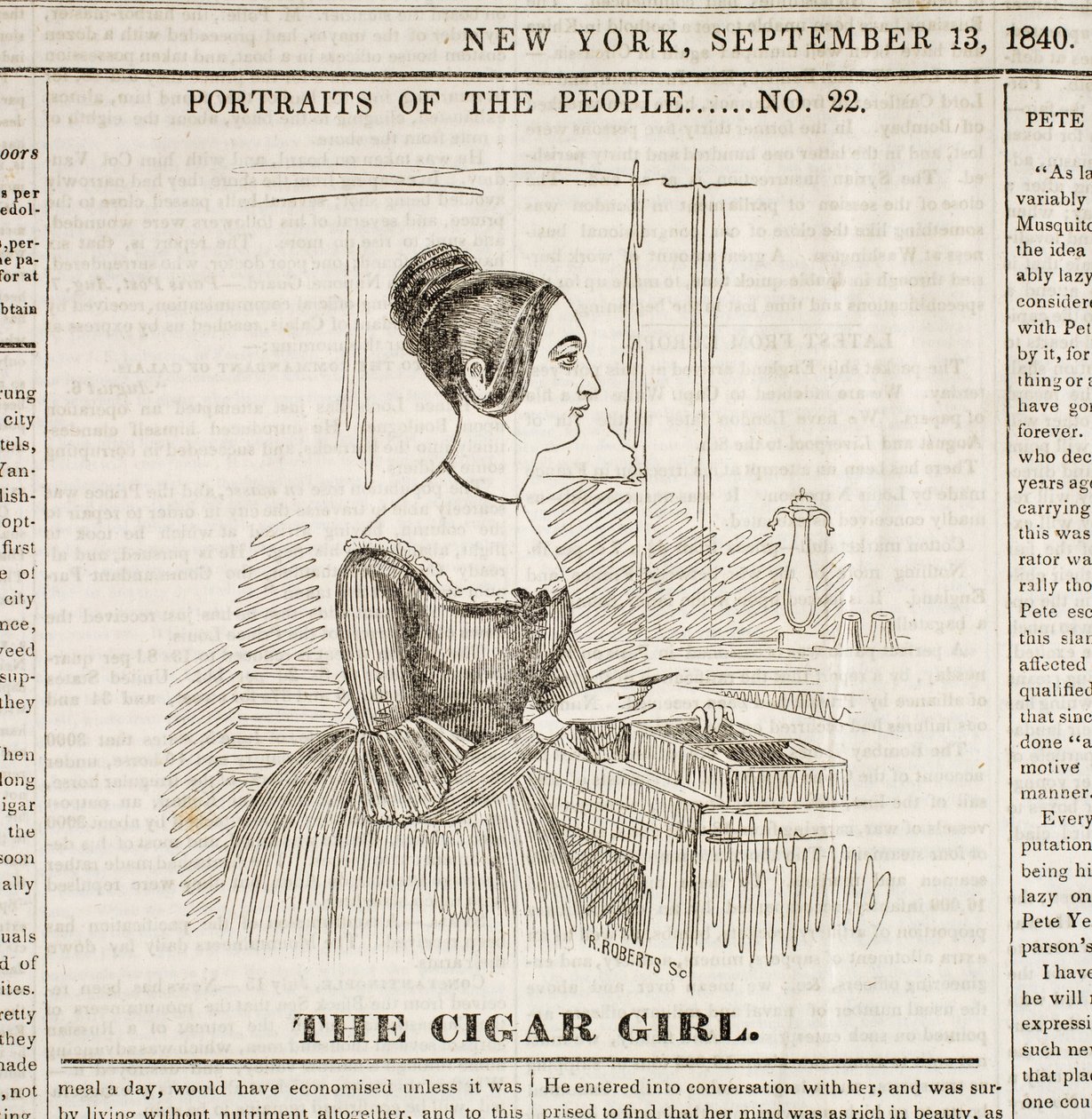 Cigar Girl, Front Page of New York Sunday Atlas, September 13, 1840 by American School