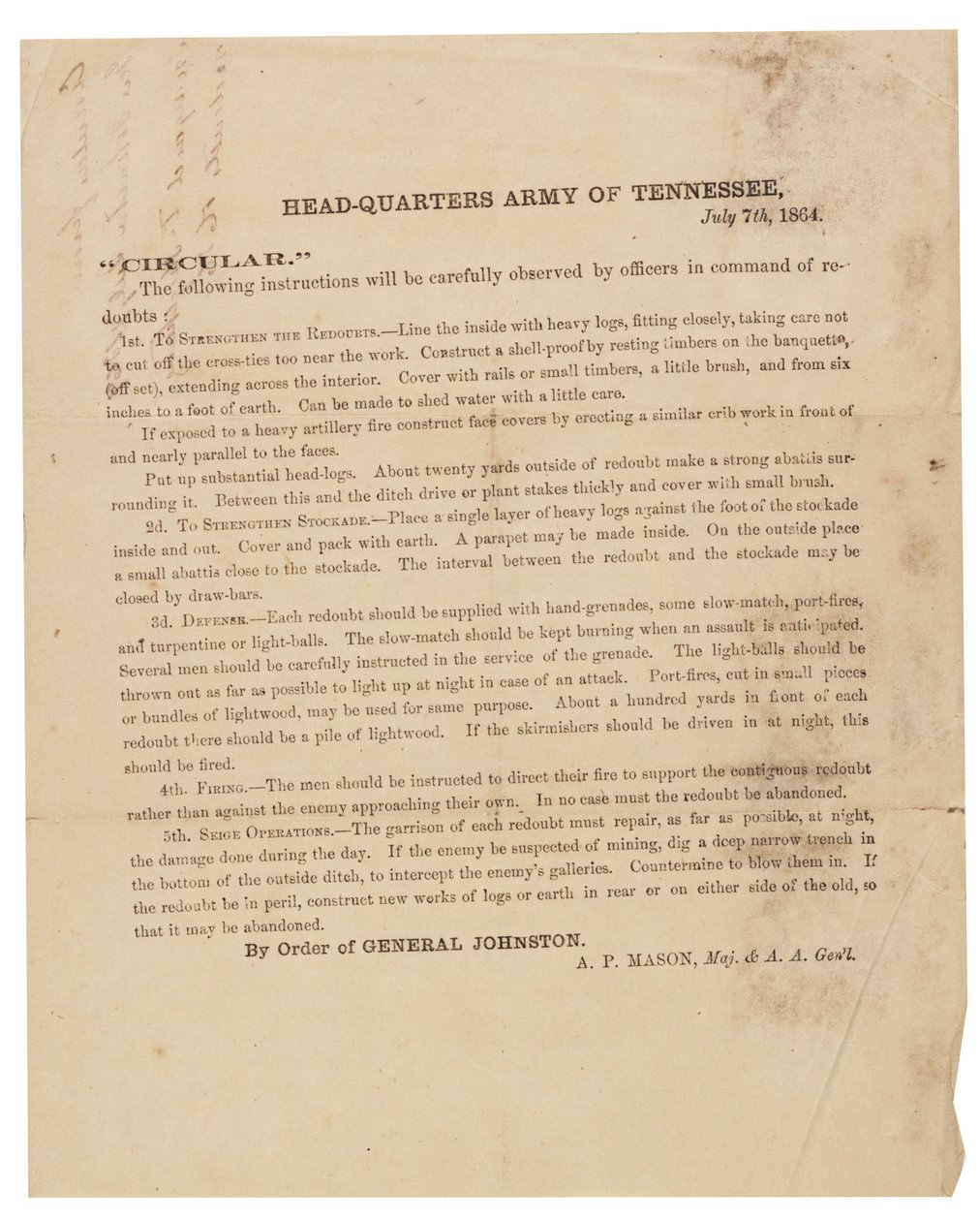 Circular Pertaining to Construction and Fortification of Redoubts Used by the Army of Tennessee, 7 July 1864 by American School