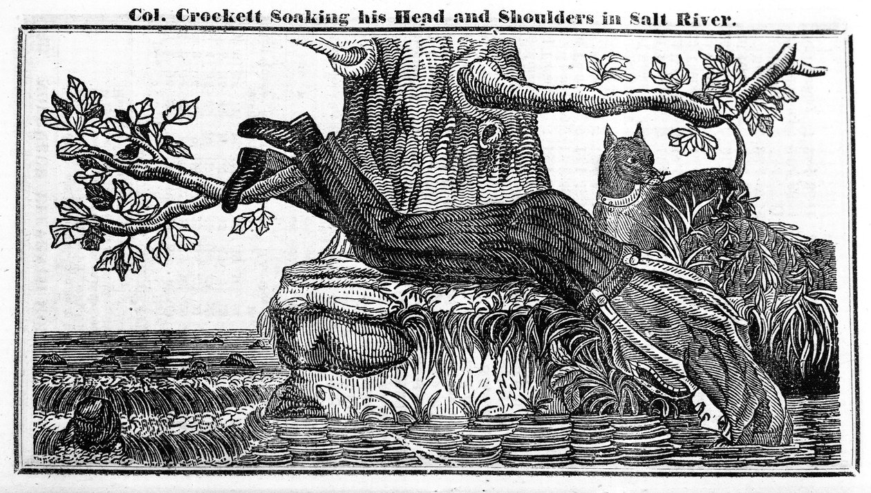 Colonel Davy Crockett soaking his head and shoulders in Salt River, from Crocketts Almanac, 1837 by American School