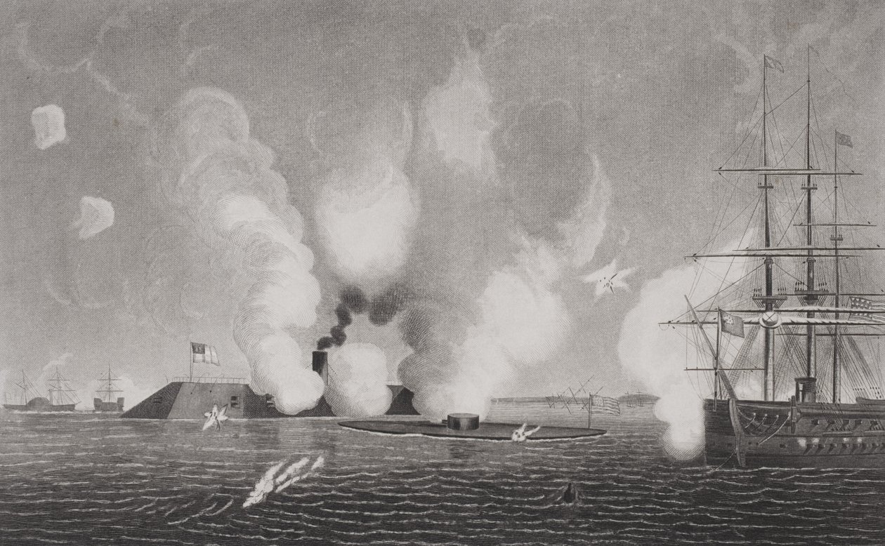 Combat between the Confederate CSS Virginia and the Union USS Monitor on March 9th 1862 at Hampton Roads, Virginia by American School