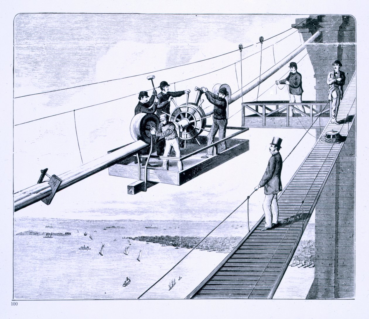 Construction of Brooklyn Bridge, New York by American School