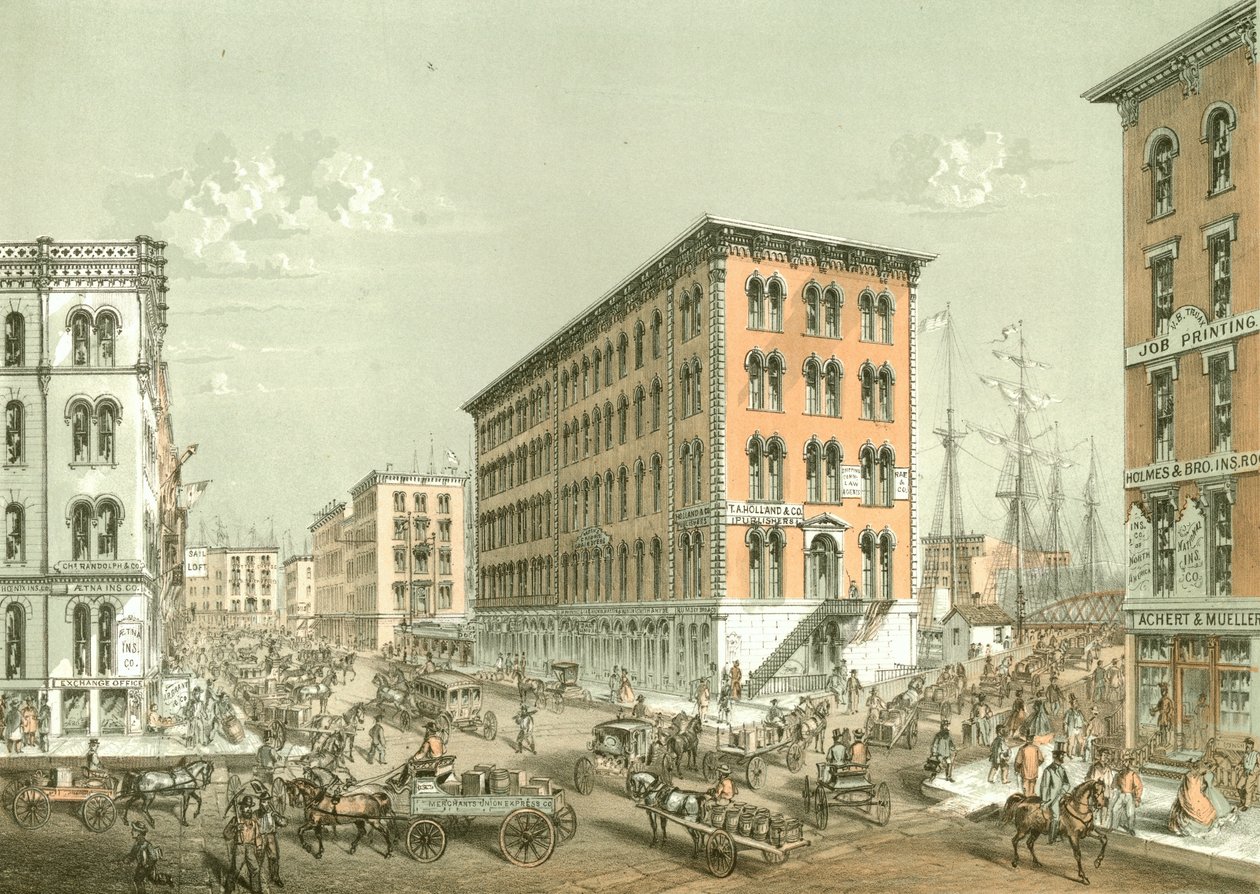Corner of Clark and South Water Street, from Chicago Illustrated, with Literary Descriptions by James W. Sheahan, Published by Jevne & Almini, Chicago by American School