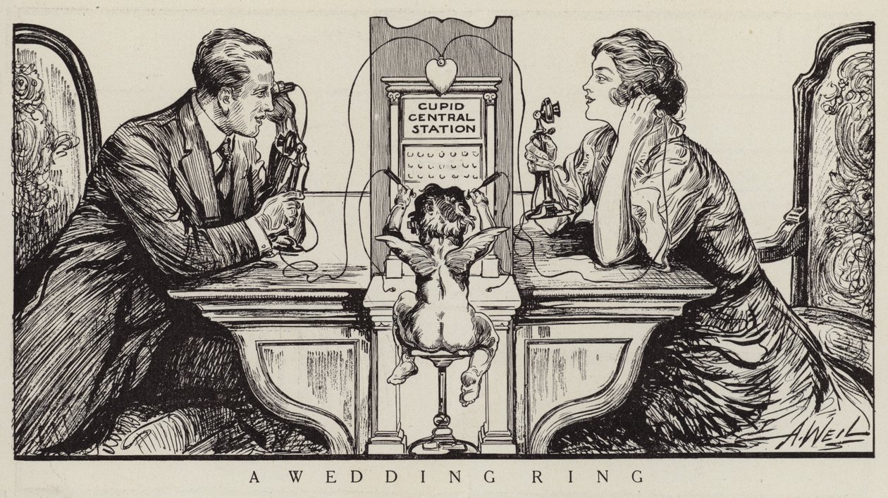 Cupid Orchestrating a Phone Call Between a Man and a Woman by American School