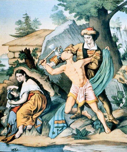 Daniel Boone defends his family against Indian attack by American School