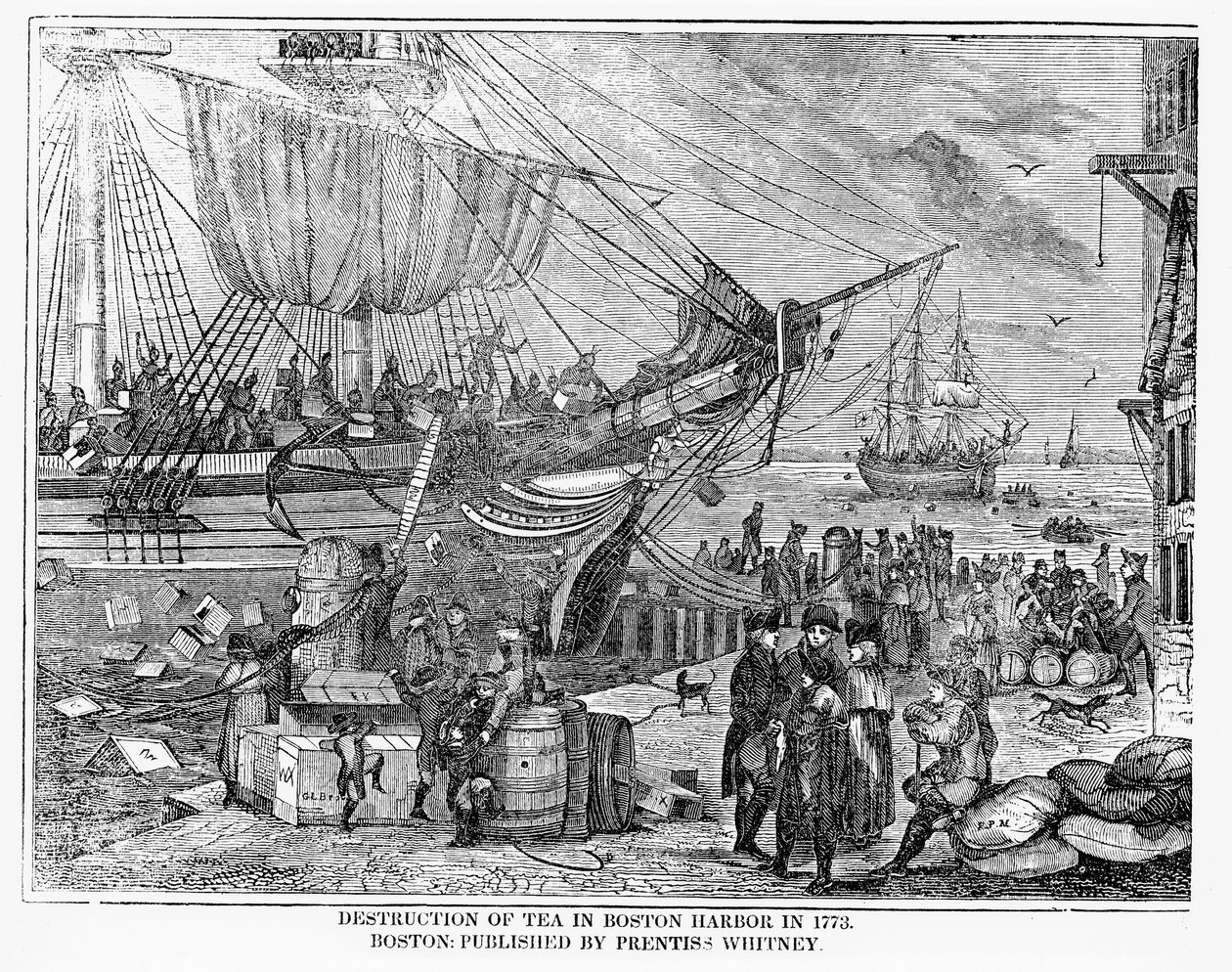 Destruction of Tea in Boston Harbour in 1773 by American School