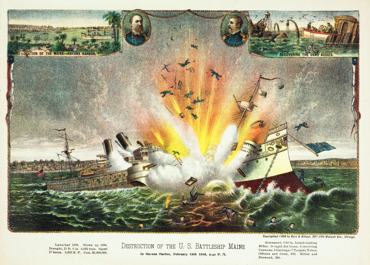 Destruction of the U.S. Battleship Maine in Havana Harbor, 15th February 1898, published 1898 by American School