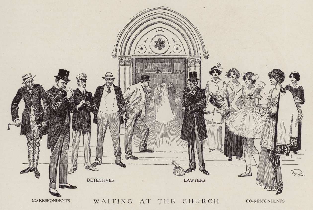 Detectives, Lawyers and Co-respondents Waiting for a Church Wedding to Finish by American School