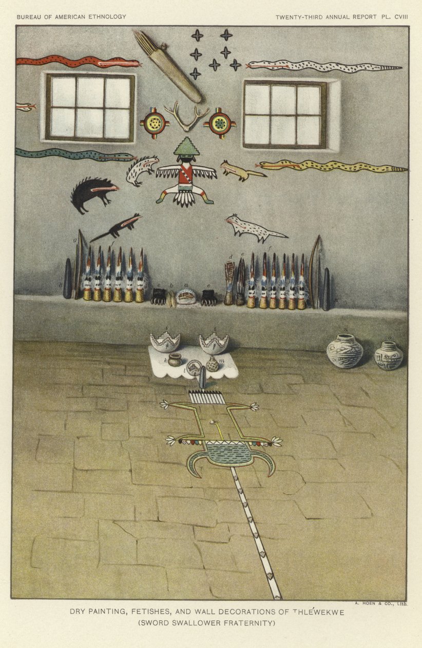 Dry painting, fetishes, and wall decorations of Thlewekwe (sword swallower fraternity) by American School