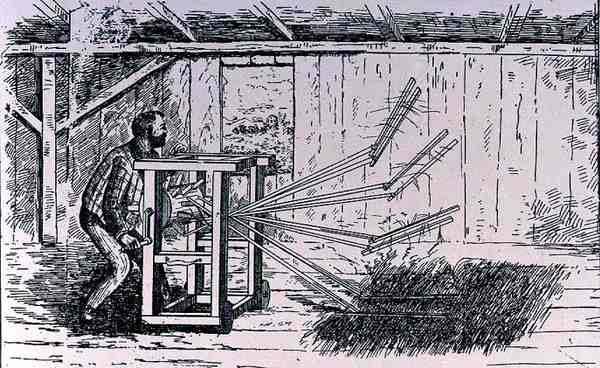 Early attempts at threshing machines, illustration from The Growth of Industrial Art, 1892, from The Pageant of America, Vol.3, by Ralph Henry Gabriel, 1926 by American School