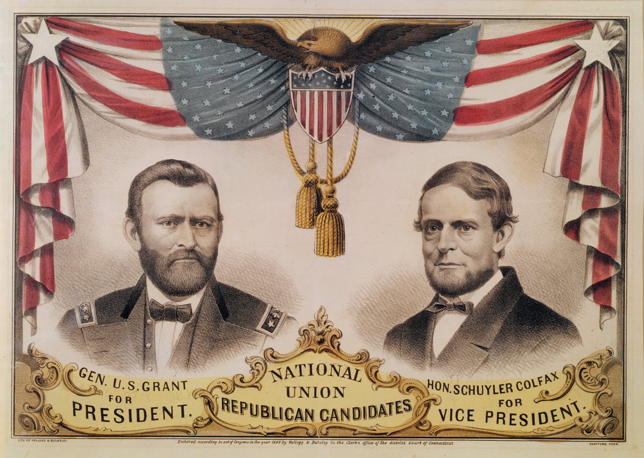 Electoral poster for the U.S.A. Presidential election of 1868 depicting Ulysses S. Grant and Schuyler Colfax by American School