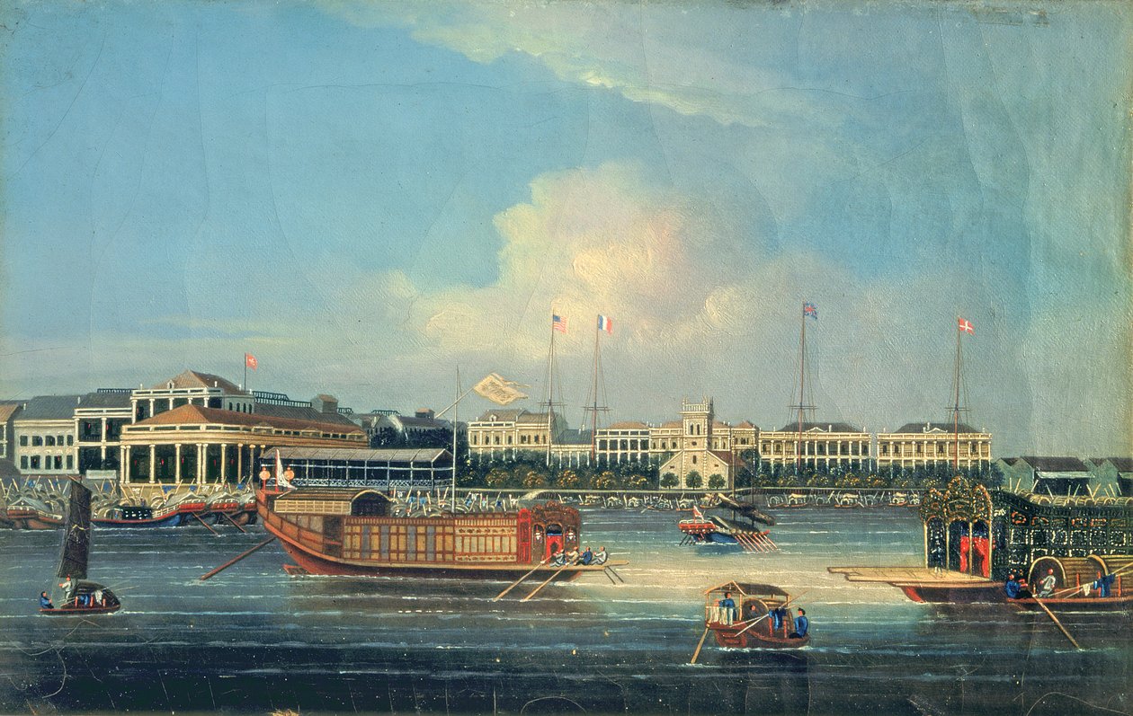 Factories at Canton from the Harbour, China by American School