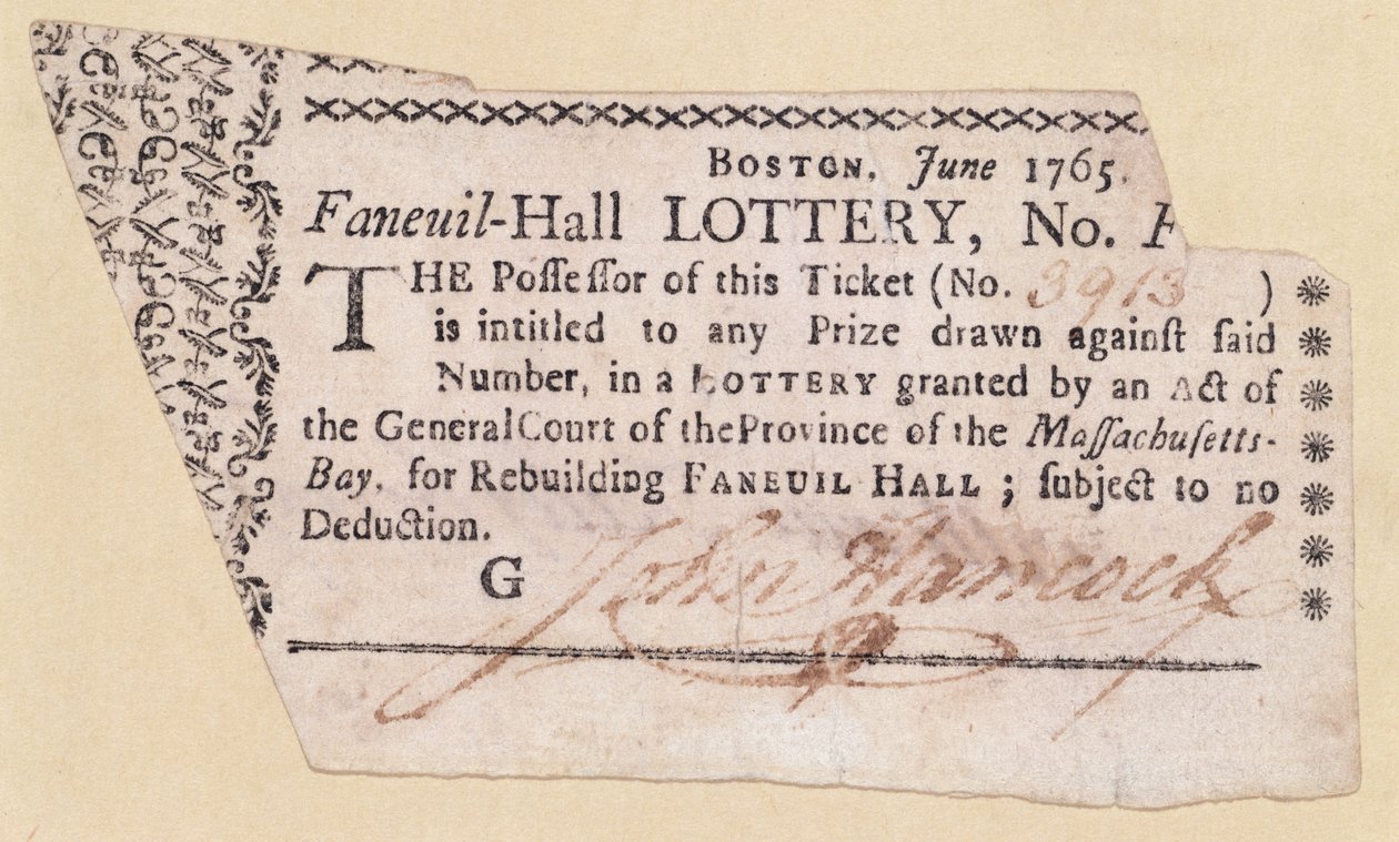 Faneuil-Hall Lottery Ticket, signed by John Hancock, 1765 by American School