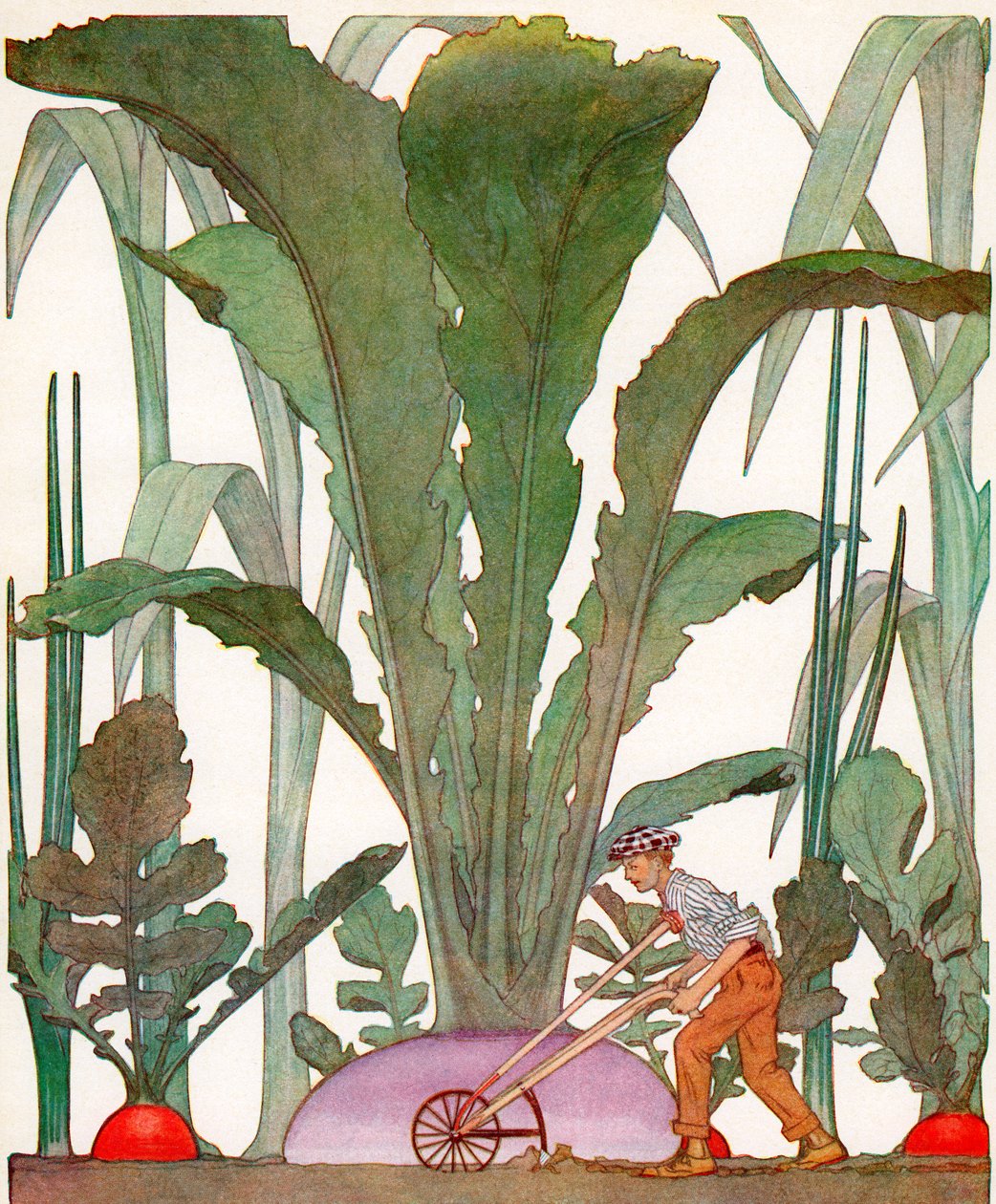Farmer Cultivating Gigantic Garden Vegetables by American School