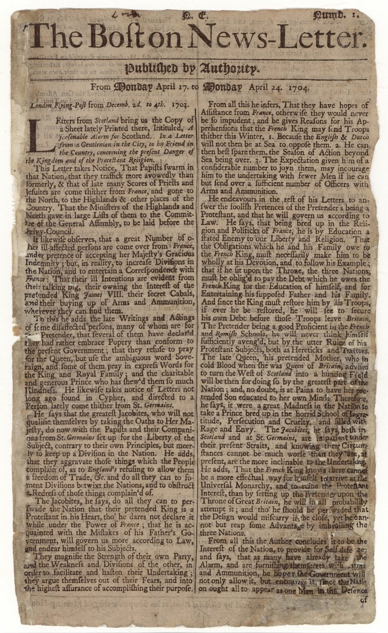 First issue of the Boston News-Letter, 1704 by American School