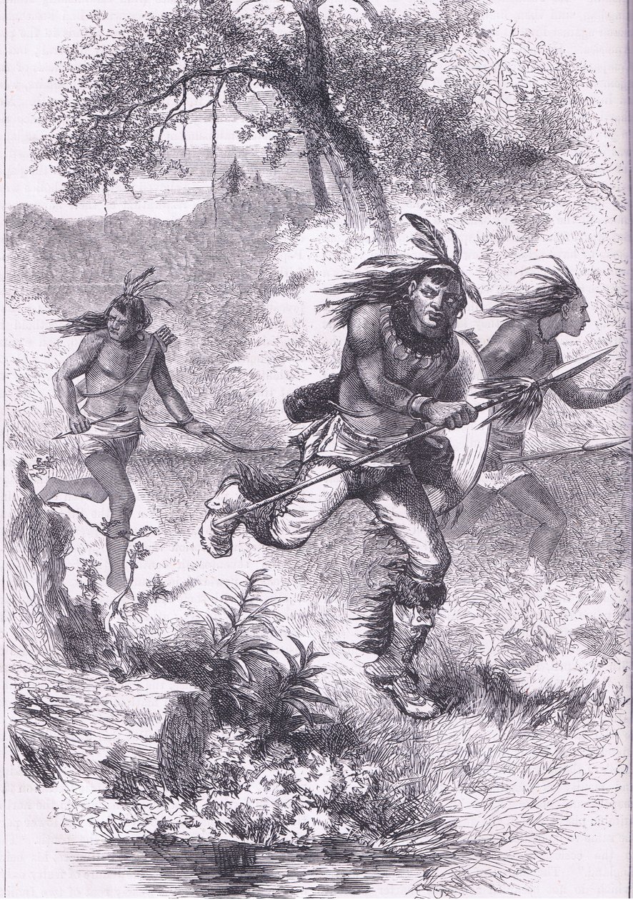 Flight of the Indians after the massacre, illustration from Cassell