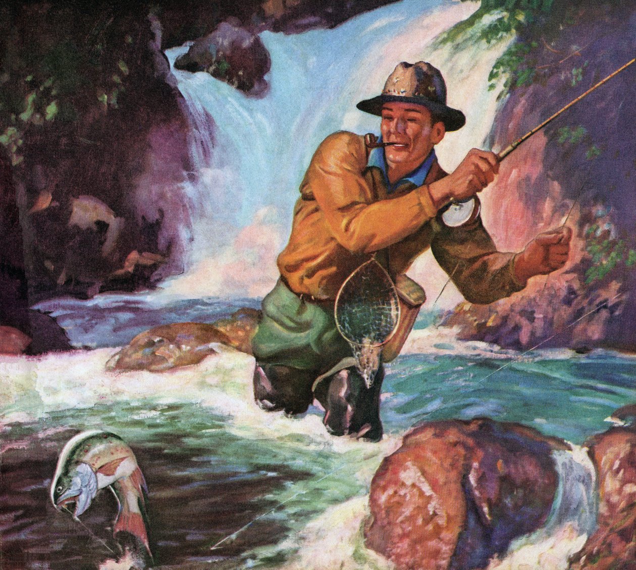 Fly Fisherman in a River Catching a Brook Trout by American School