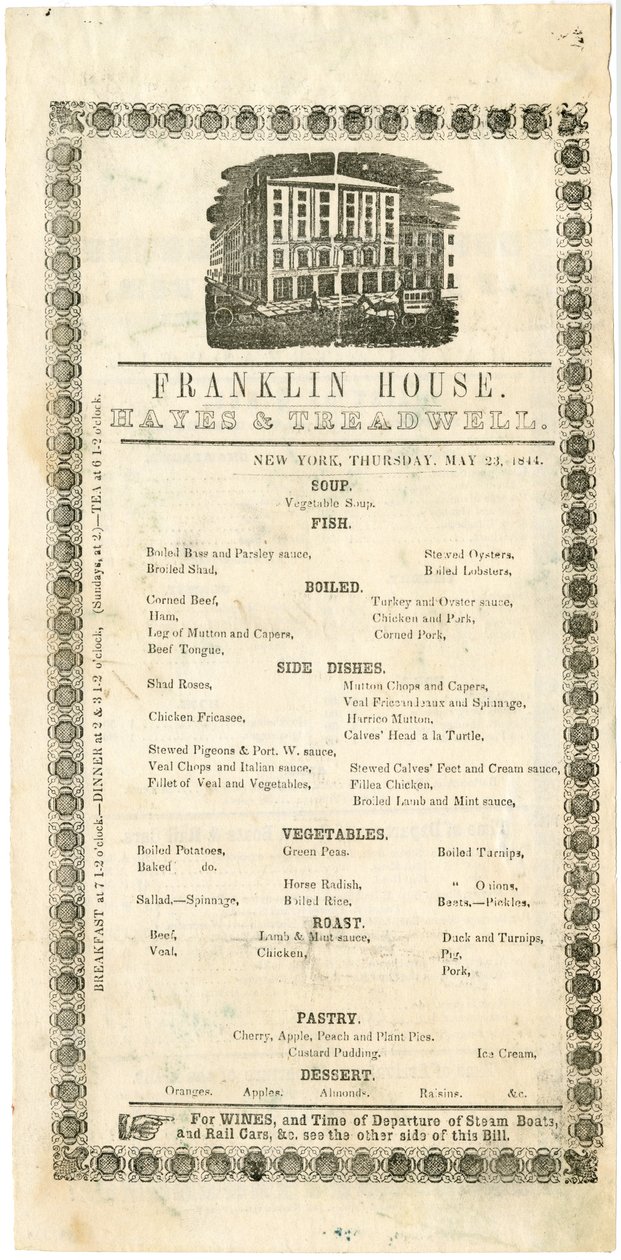 Franklin House Menu for May 23, 1844 by American School