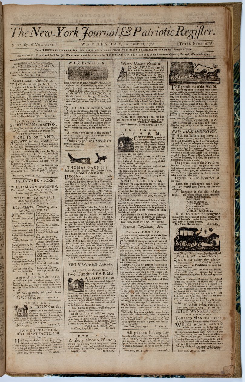 Front Page of the New York Journal and Patriot Register, 21st August 1793 by American School