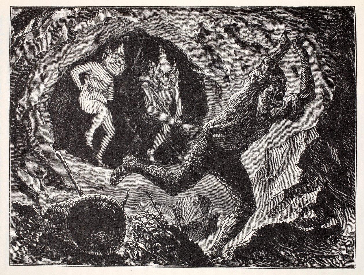 Gnomes Terrifying a Miner, from The World Guide to Gnomes, Fairies, Elves and Other Little People by Thomas Keightley, Published 1880 by American School