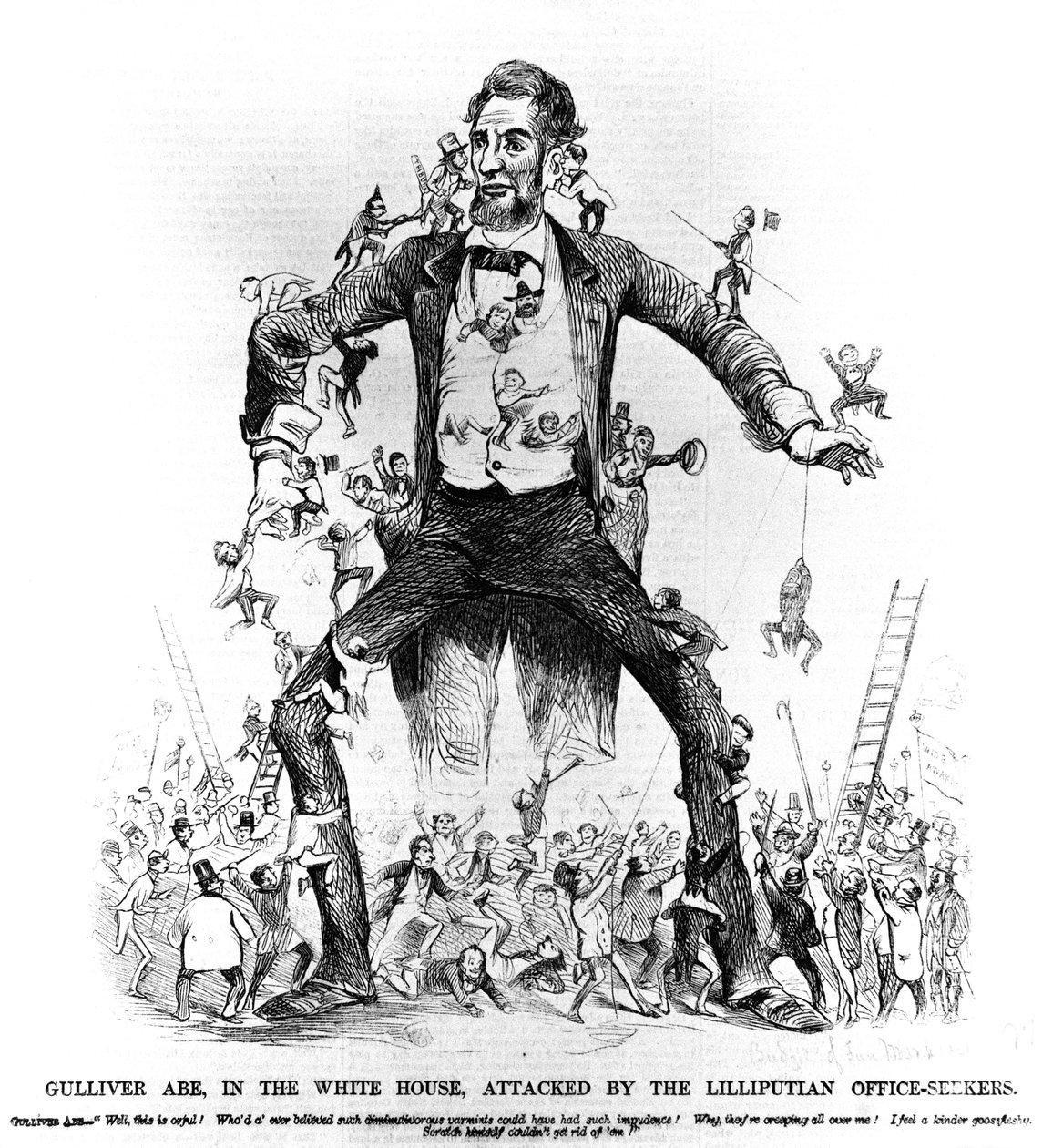 Gulliver Abe, in the White House, Attacked by the Lilliputian Office-Seekers, from Frank Leslies Budget of Fun, 15th March, 1861 by American School