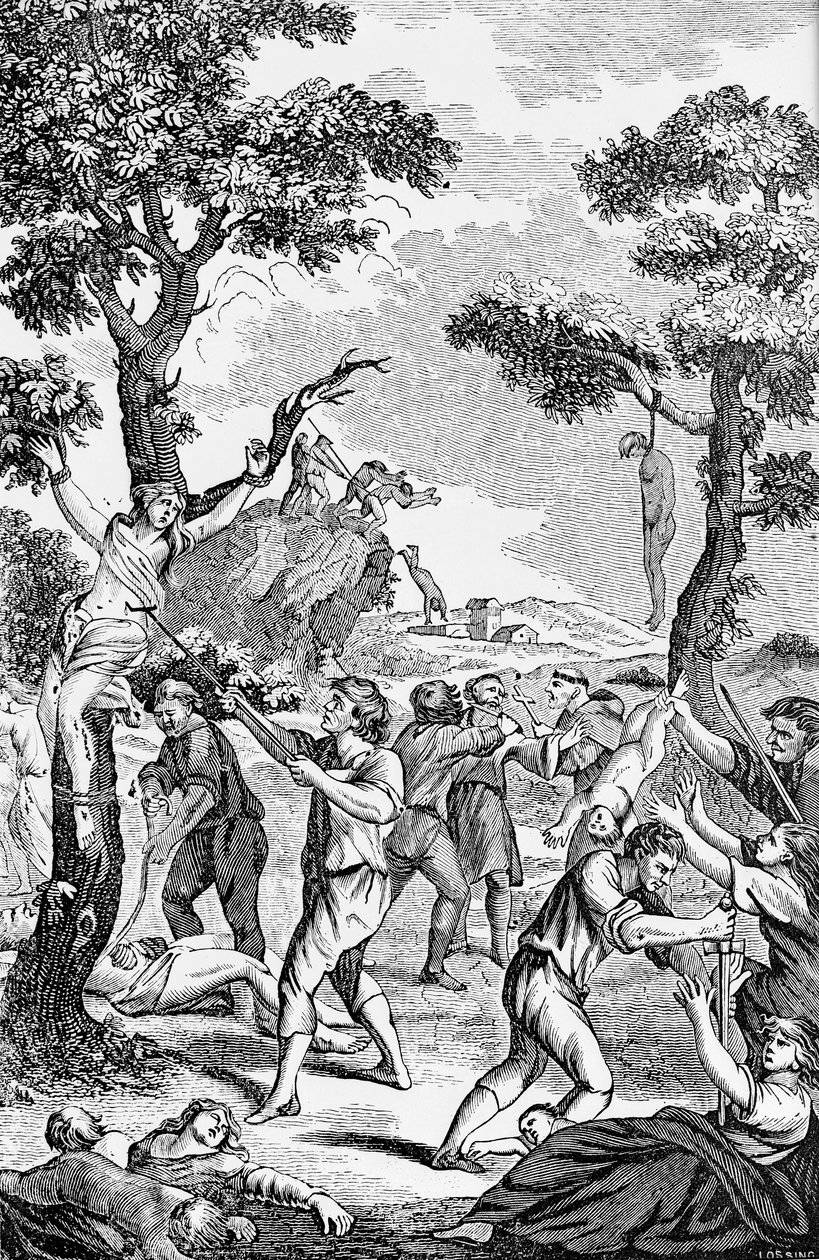Illustration from an Anti-Catholic pamphlet showing women and children being murdered by American School
