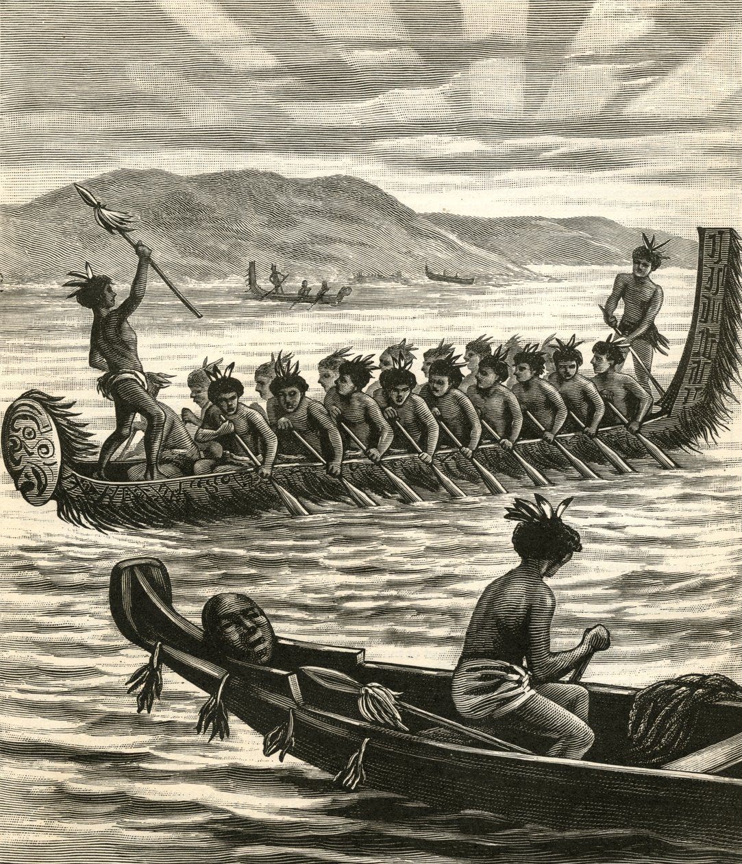 Illustration of Maori Warriors in Canoes by American School
