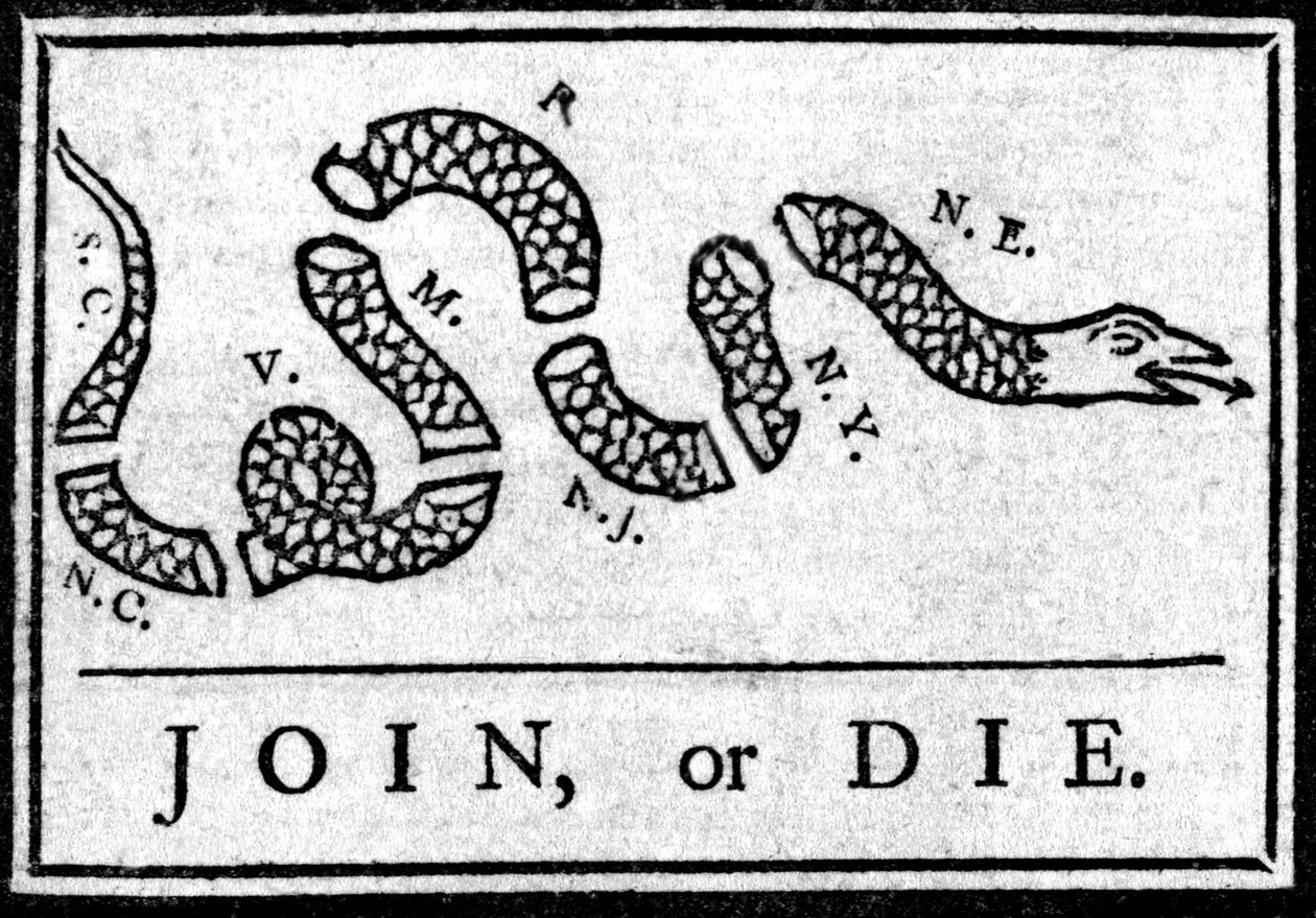 Join or Die, drawing, considered the first political cartoon, published ...