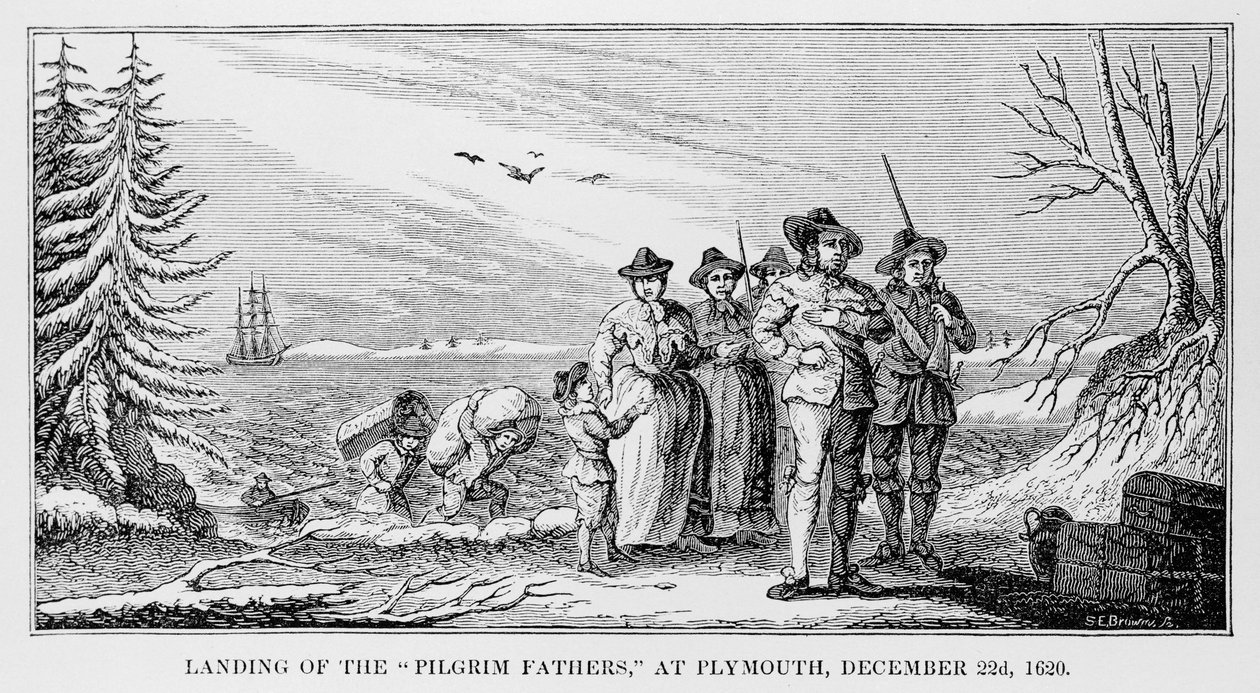 Landing of the Pilgrim Fathers at Plymouth on Cape Cod, Massachusetts, December 22nd 1620, printed in History and Antiquity of New England, New York, 1842 by American School