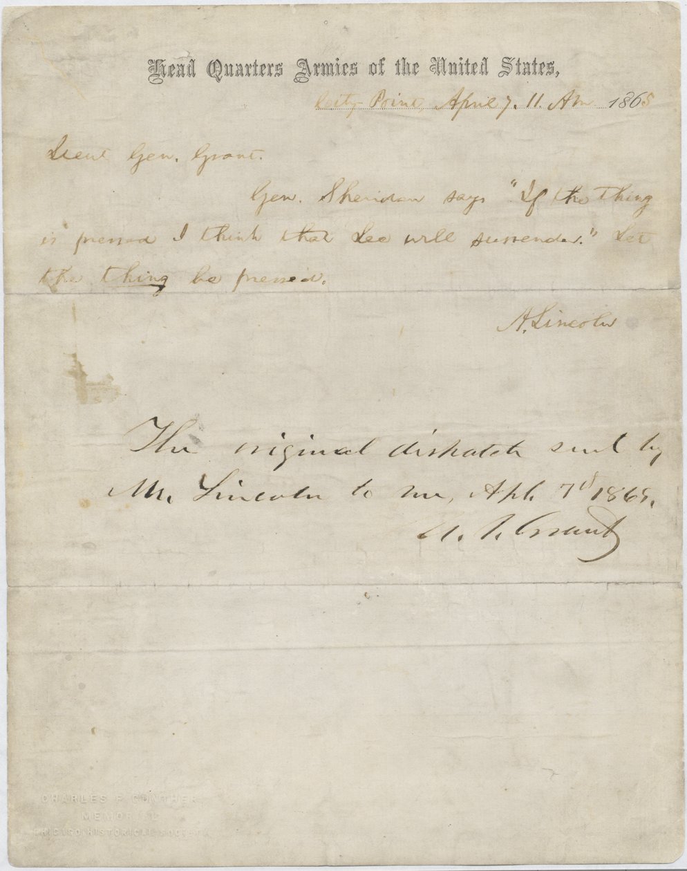 Letter from Abraham Lincoln to General Ulysses S. Grant, April 7, 1865 by American School