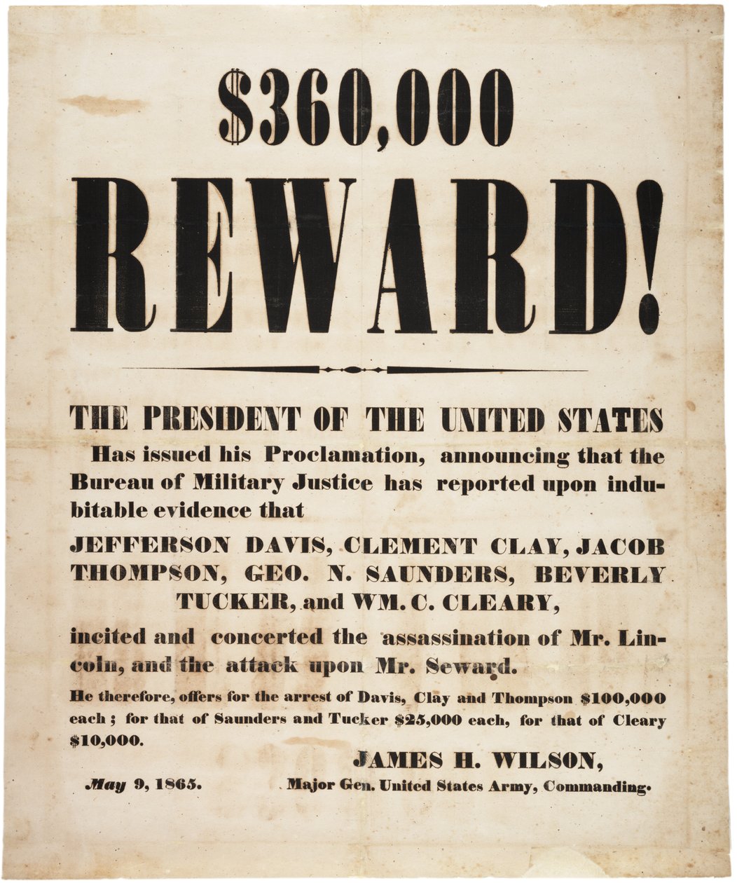 Lincoln Assassination Reward, 9th May 1865 by American School