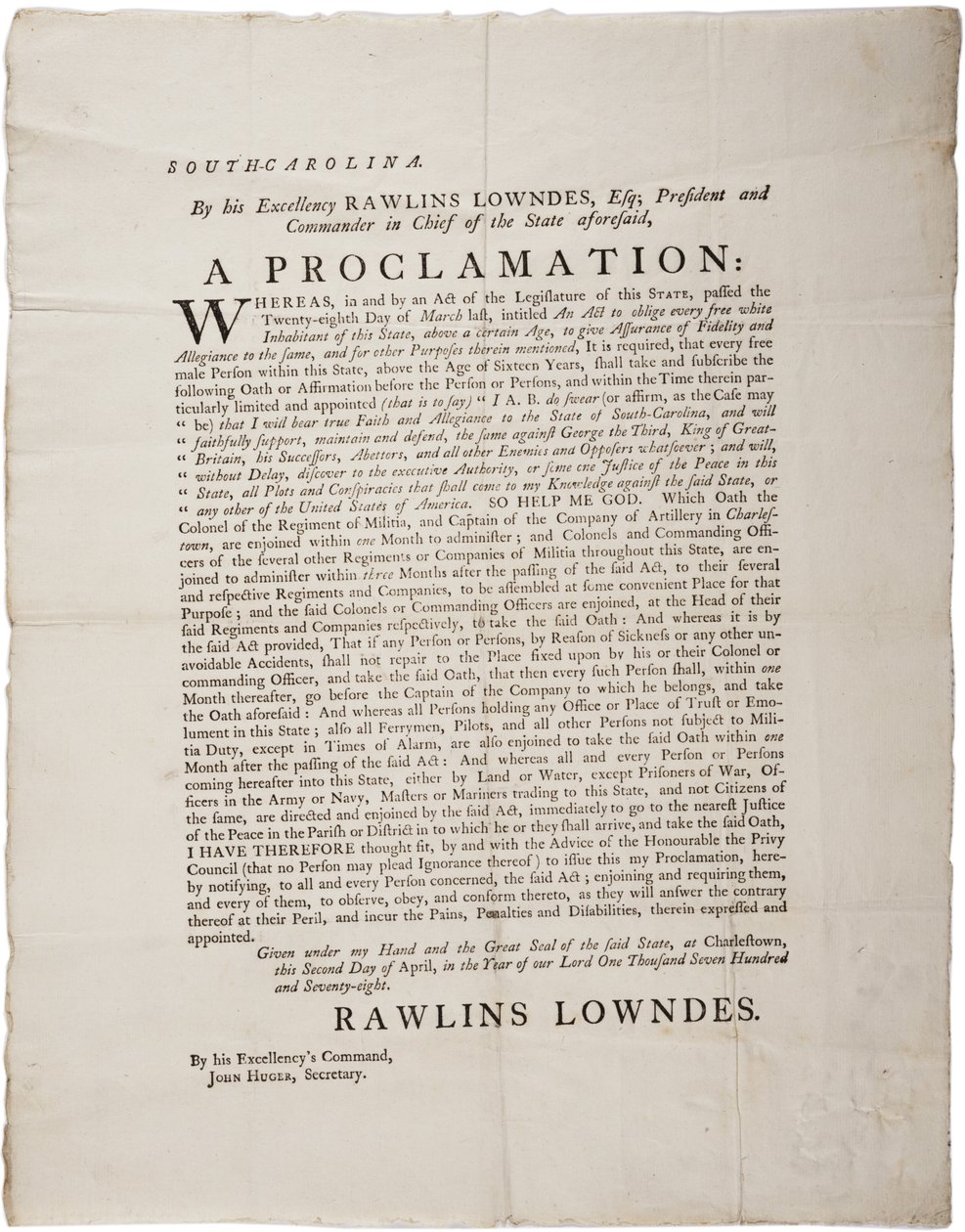 Loyalty Oath to protect Independence of South Carolina, 2nd April 1778 by American School