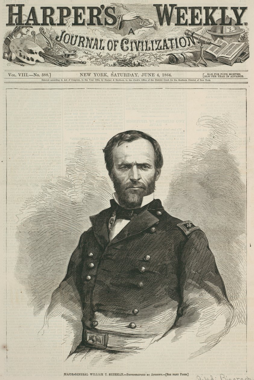 Major-General William T. Sherman, front page of Harpers Weekly, 1864 by American School